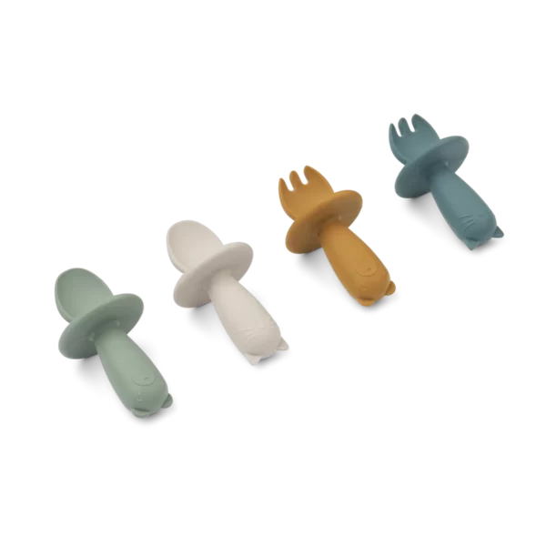 Lot de Couverts pour bébé en silicone, manche en forme d'animaux, 2 cuillères, 2 fourchettes