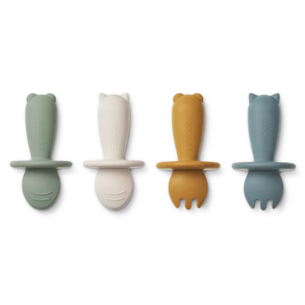 Couverts en silicone pour bébé, manche en forme d'animaux, 2 cuillères, 2 fourchettes