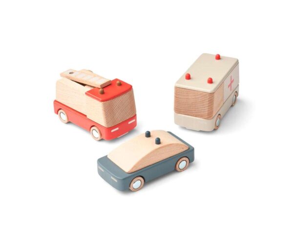 Jouets en bois pour enfant : 3 voitures (une voiture de police, une ambulance, un camion de pompier)